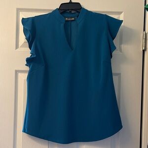 New York & Company Teal V-Notch Ruffle Sleeve Blouse